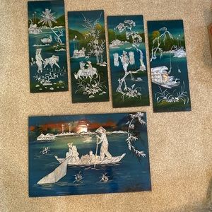 5Mother of pearl inlayed asian lacquered pictures